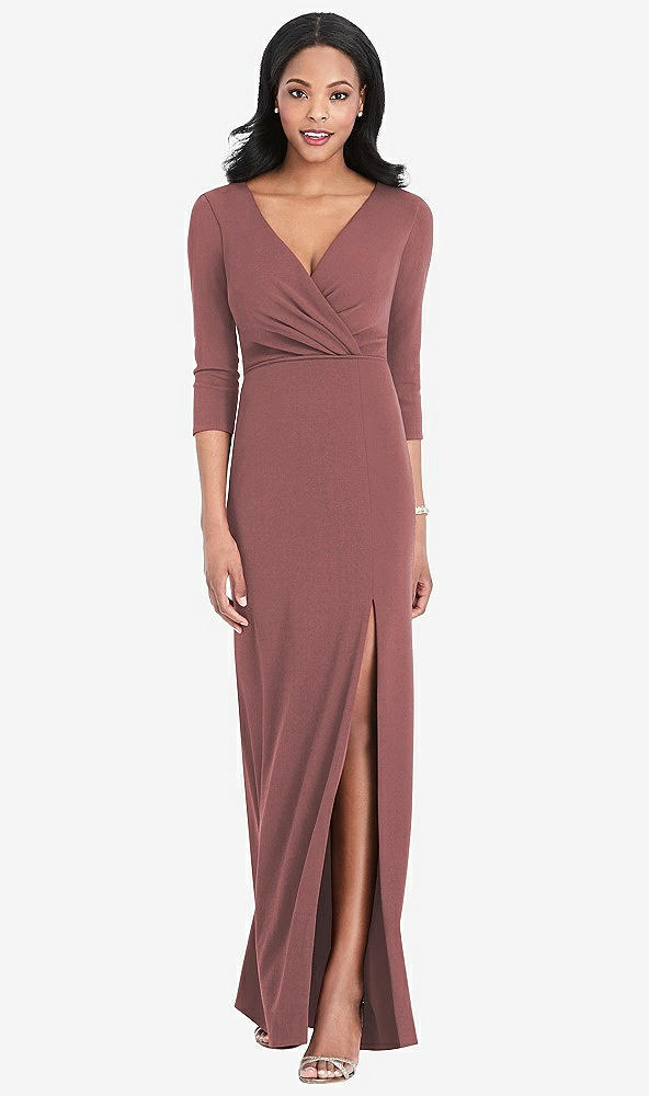Front View - English Rose 3/4 Sleeve V-Back Draped Wrap Maxi Dress - Yara