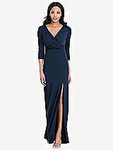 Front View Thumbnail - Midnight Navy 3/4 Sleeve V-Back Draped Wrap Maxi Dress - Yara