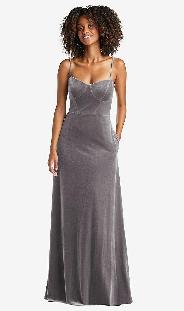 Front View - Caviar Gray Bustier Velvet Maxi Dress with Pockets