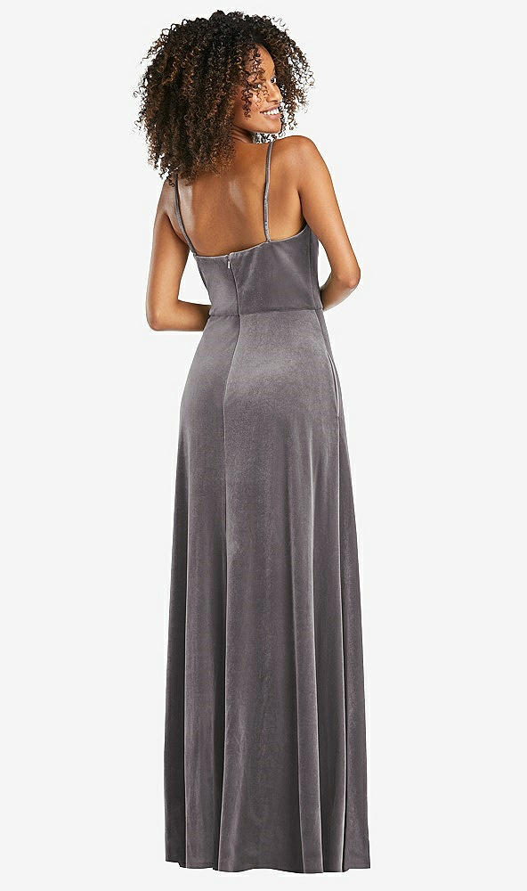 Back View - Caviar Gray Bustier Velvet Maxi Dress with Pockets