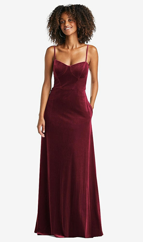Front View - Cabernet Bustier Velvet Maxi Dress with Pockets