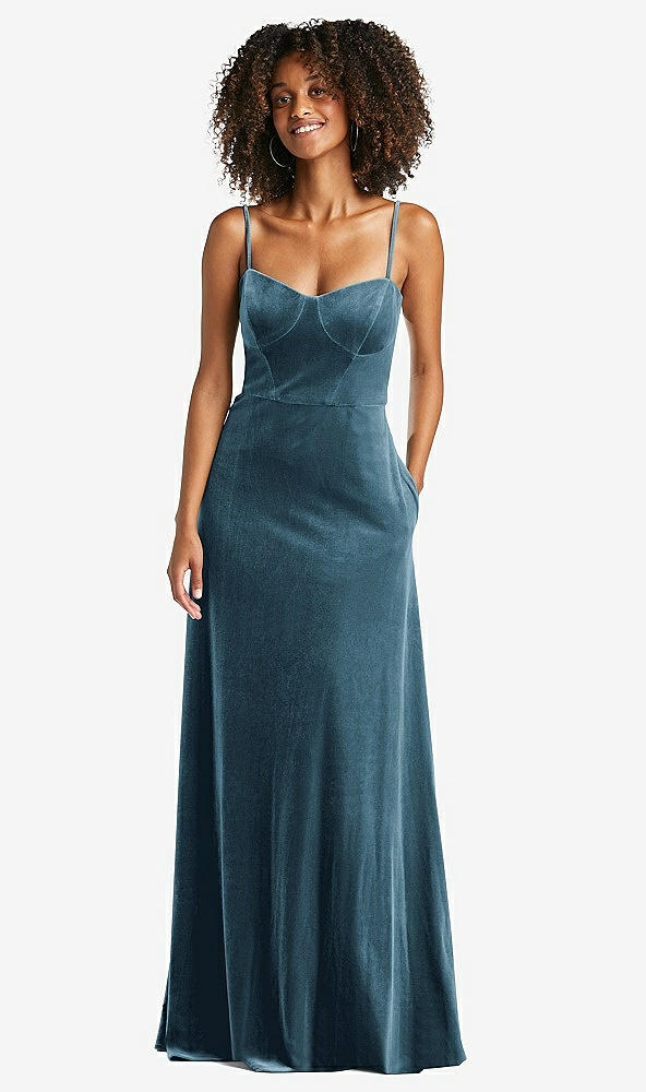 Front View - Dutch Blue Bustier Velvet Maxi Dress with Pockets