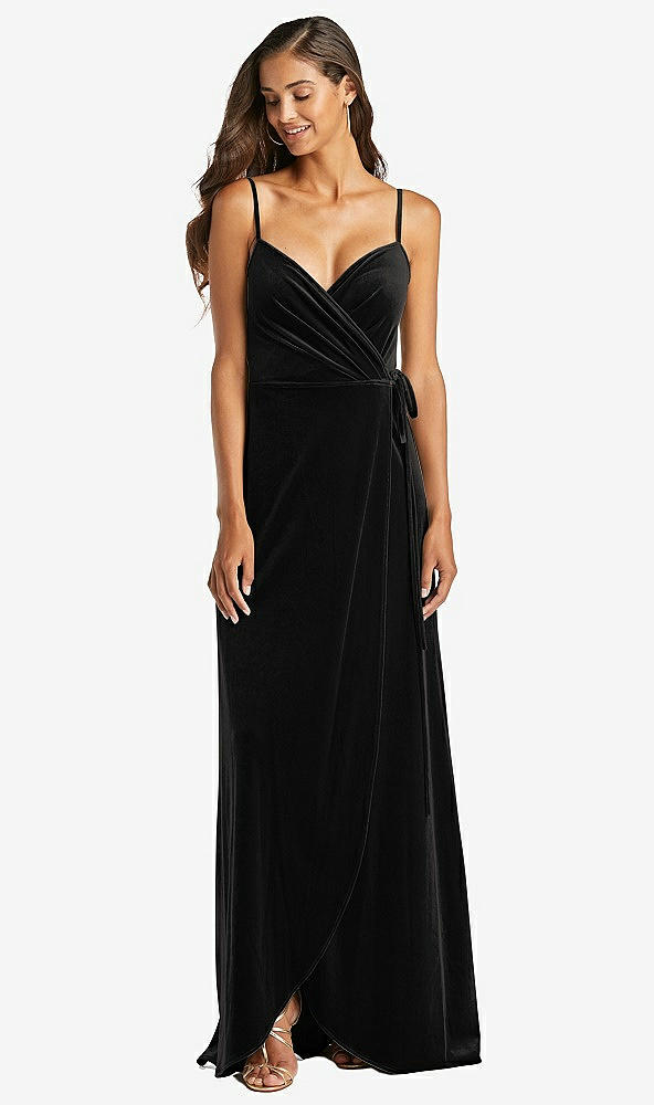 Front View - Black Velvet Wrap Maxi Dress with Pockets