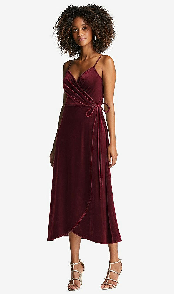 Front View - Cabernet Velvet Midi Wrap Dress with Pockets