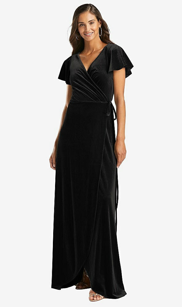 Front View - Black Flutter Sleeve Velvet Wrap Maxi Dress with Pockets