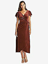 Front View Thumbnail - Auburn Moon Flutter Sleeve Velvet Midi Wrap Dress with Pockets