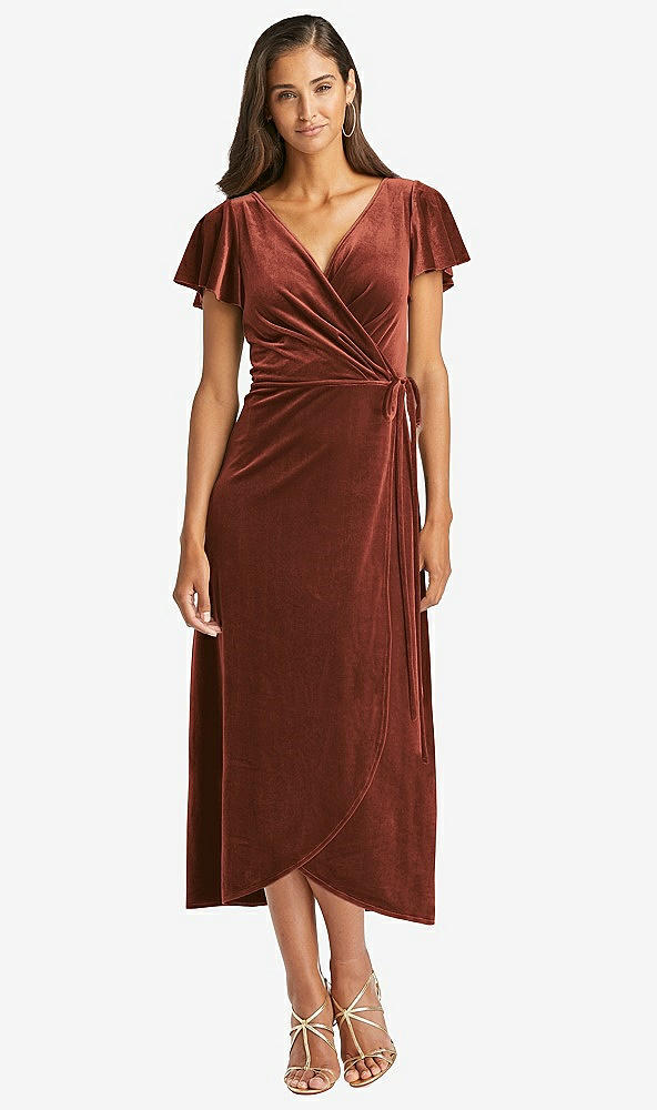 Front View - Auburn Moon Flutter Sleeve Velvet Midi Wrap Dress with Pockets