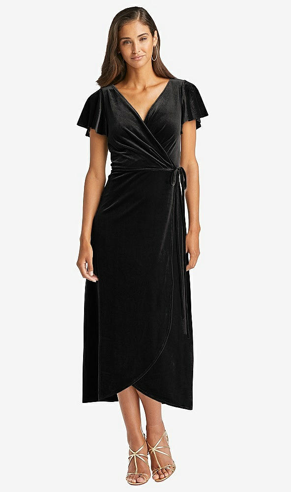 Front View - Black Flutter Sleeve Velvet Midi Wrap Dress with Pockets