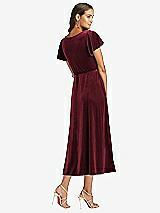 Rear View Thumbnail - Cabernet Flutter Sleeve Velvet Midi Wrap Dress with Pockets