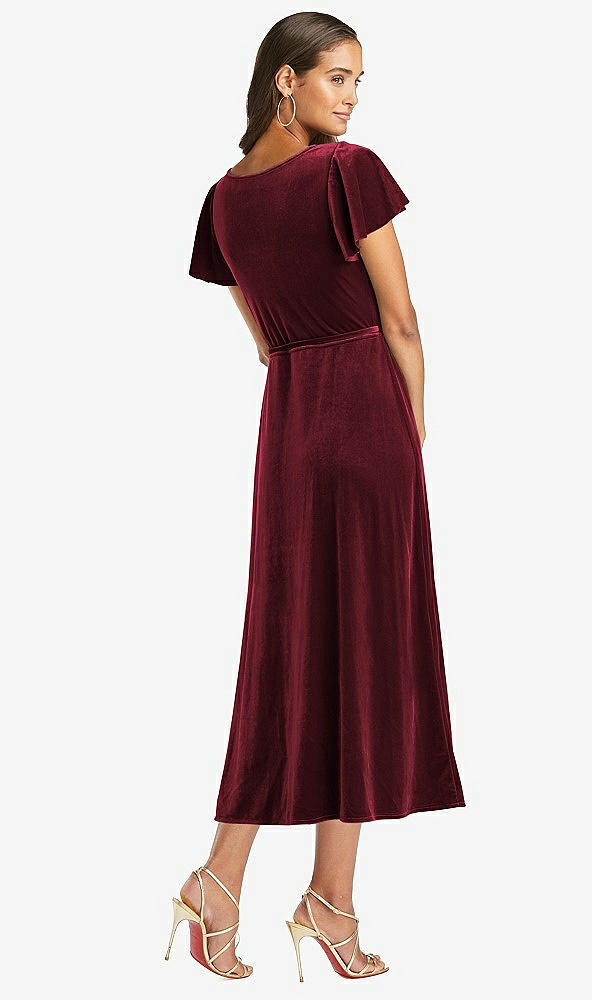 Back View - Cabernet Flutter Sleeve Velvet Midi Wrap Dress with Pockets