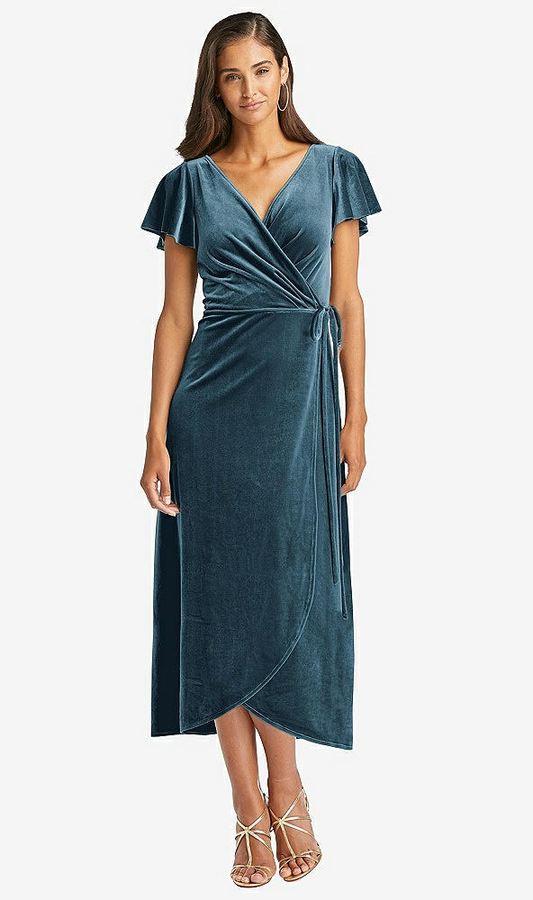 Front View - Dutch Blue Flutter Sleeve Velvet Midi Wrap Dress with Pockets