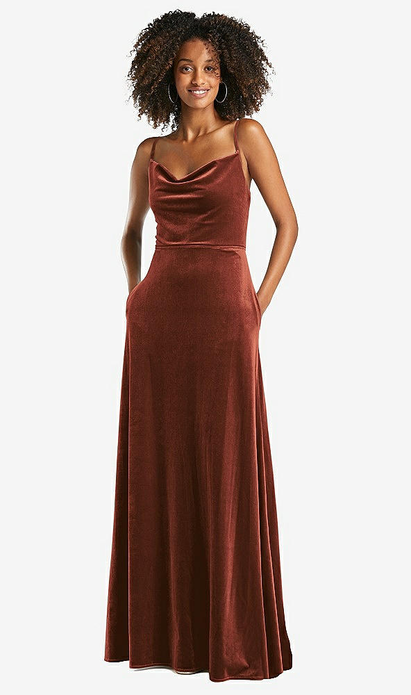 Front View - Auburn Moon Cowl-Neck Velvet Maxi Dress with Pockets