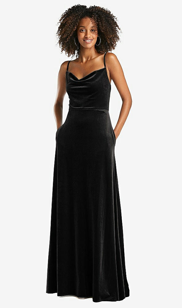 Front View - Black Cowl-Neck Velvet Maxi Dress with Pockets