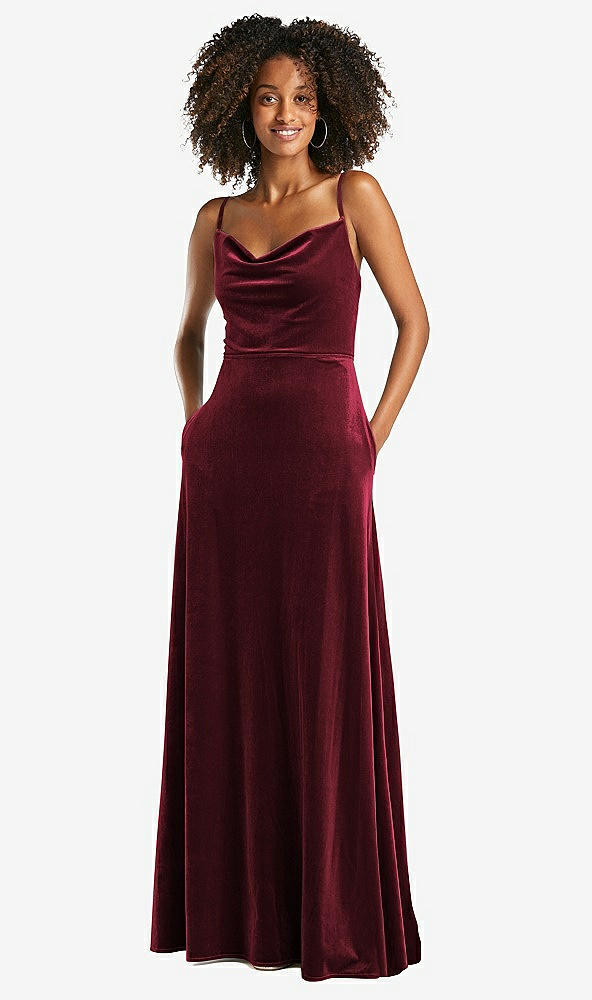 Front View - Cabernet Cowl-Neck Velvet Maxi Dress with Pockets