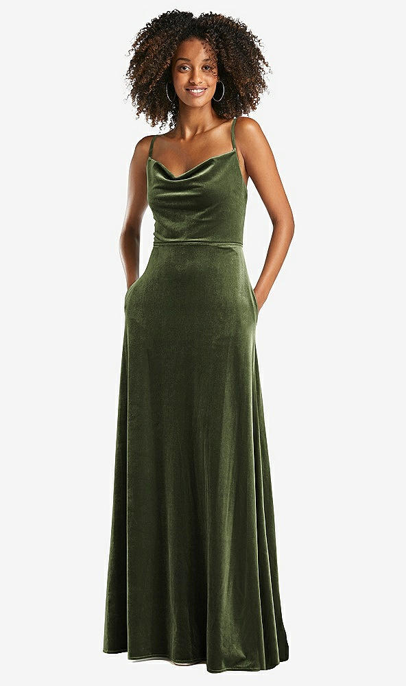 Front View - Olive Green Cowl-Neck Velvet Maxi Dress with Pockets