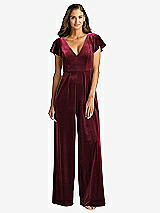 Front View Thumbnail - Cabernet Flutter Sleeve Velvet Jumpsuit with Pockets