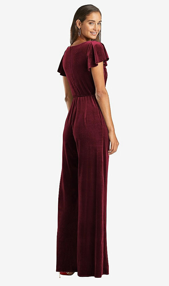 Back View - Cabernet Flutter Sleeve Velvet Jumpsuit with Pockets