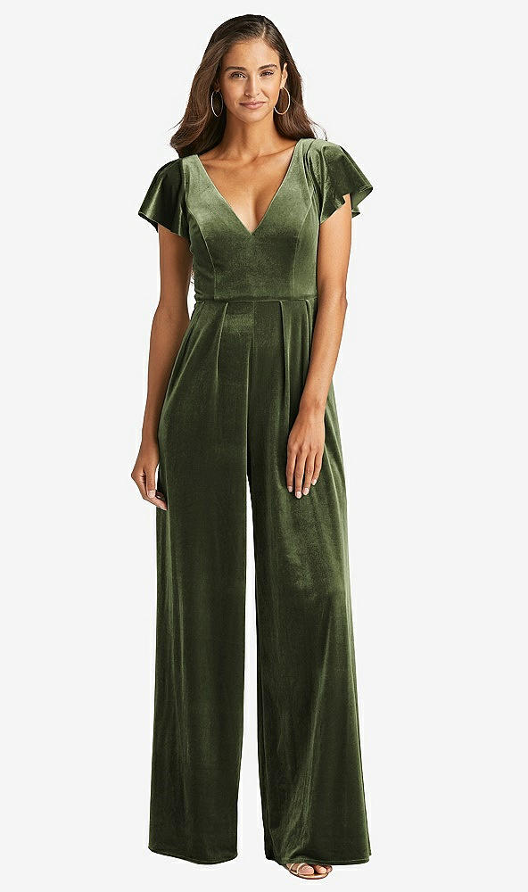 Front View - Olive Green Flutter Sleeve Velvet Jumpsuit with Pockets