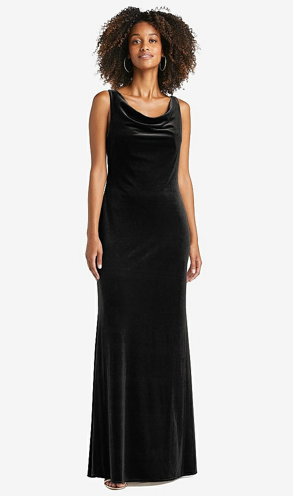 Front View - Black Cowl-Neck Velvet Maxi Tank Dress - Priya