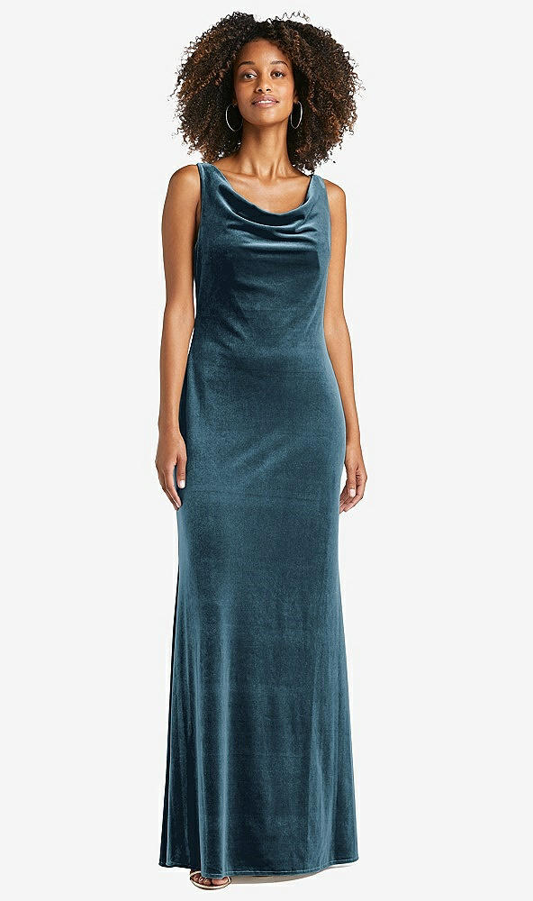 Front View - Dutch Blue Cowl-Neck Velvet Maxi Tank Dress - Priya
