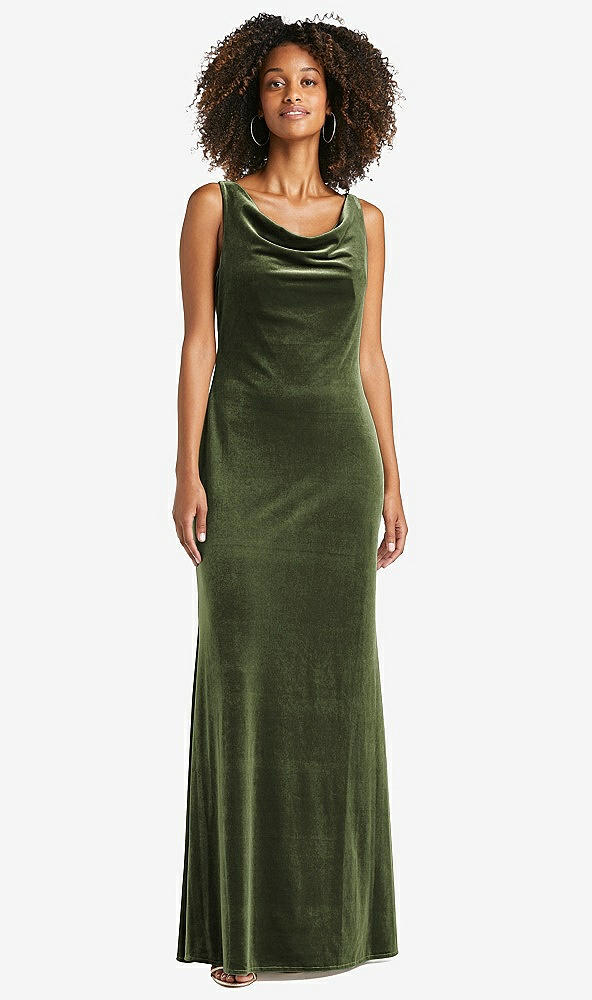Front View - Olive Green Cowl-Neck Velvet Maxi Tank Dress - Priya