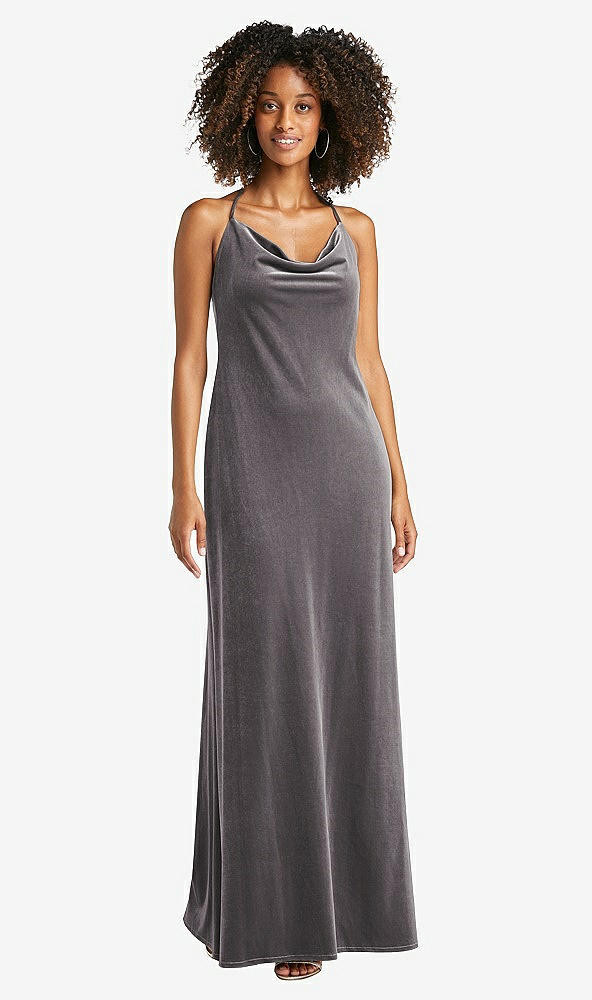 Front View - Caviar Gray Cowl-Neck Convertible Velvet Maxi Slip Dress - Sloan