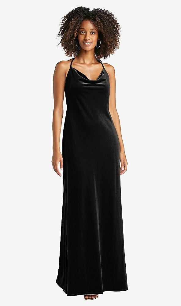 Front View - Black Cowl-Neck Convertible Velvet Maxi Slip Dress - Sloan