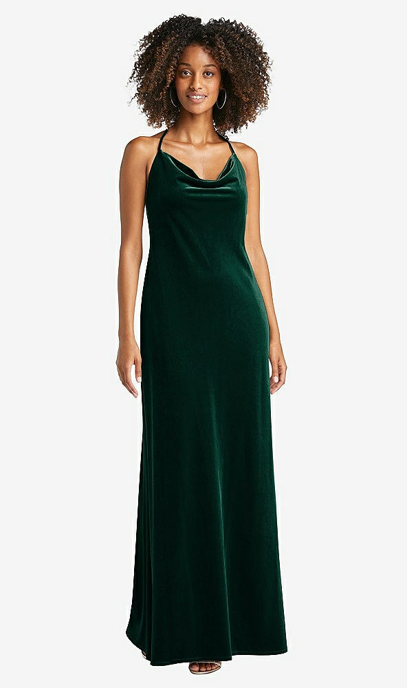 Front View - Evergreen Cowl-Neck Convertible Velvet Maxi Slip Dress - Sloan