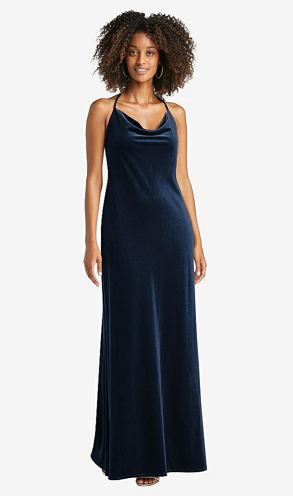 Front View - Midnight Navy Cowl-Neck Convertible Velvet Maxi Slip Dress - Sloan