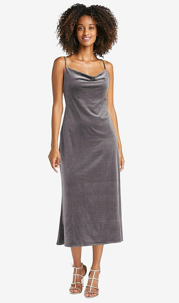 Front View - Caviar Gray Cowl-Neck Convertible Velvet Midi Slip Dress - Isa