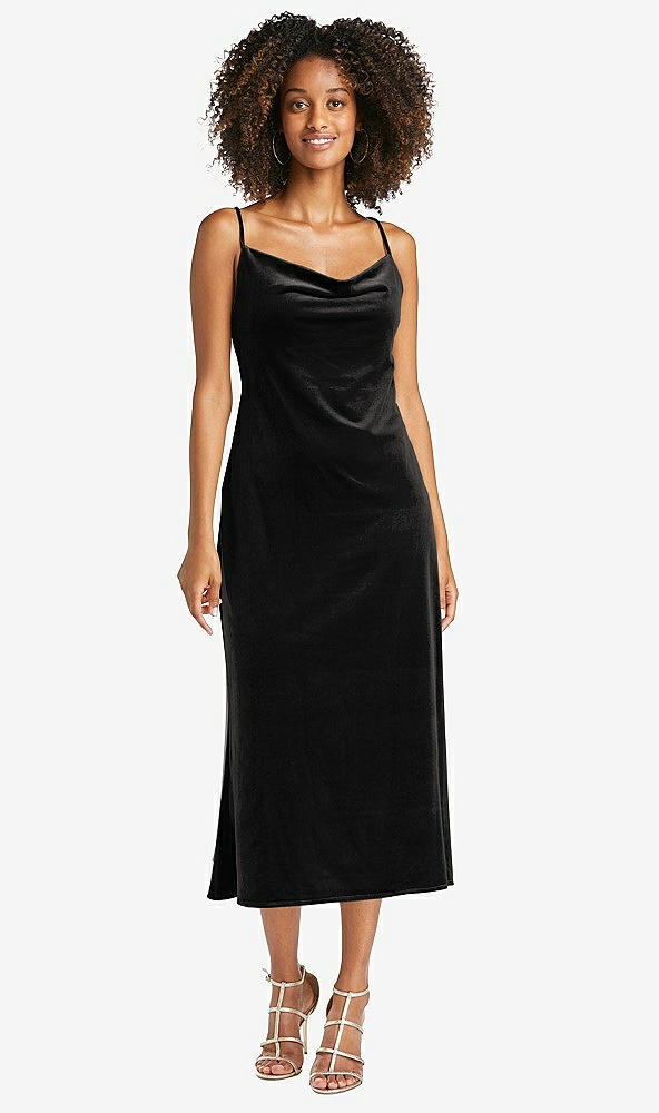 Front View - Black Cowl-Neck Convertible Velvet Midi Slip Dress - Isa