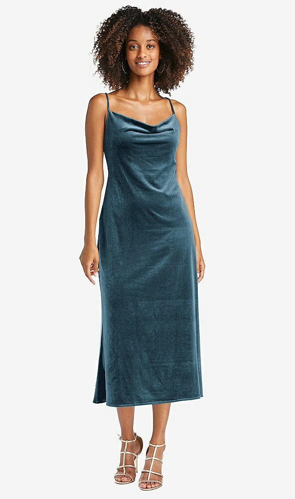 Front View - Dutch Blue Cowl-Neck Convertible Velvet Midi Slip Dress - Isa