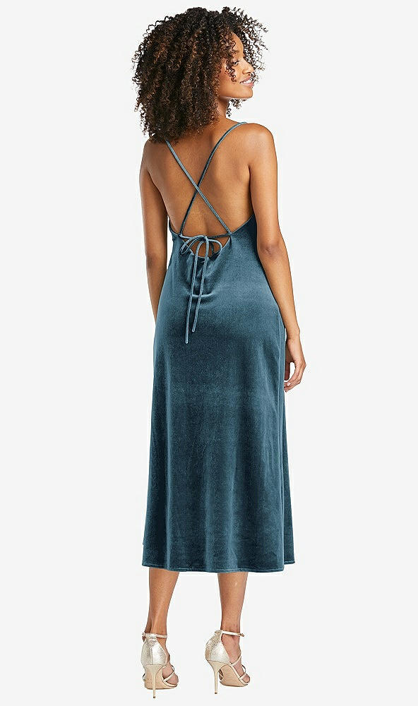 Back View - Dutch Blue Cowl-Neck Convertible Velvet Midi Slip Dress - Isa