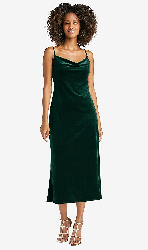 Front View - Evergreen Cowl-Neck Convertible Velvet Midi Slip Dress - Isa