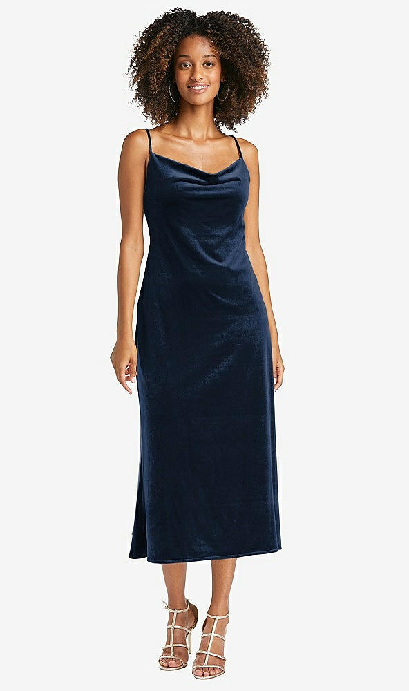Front View - Midnight Navy Cowl-Neck Convertible Velvet Midi Slip Dress - Isa