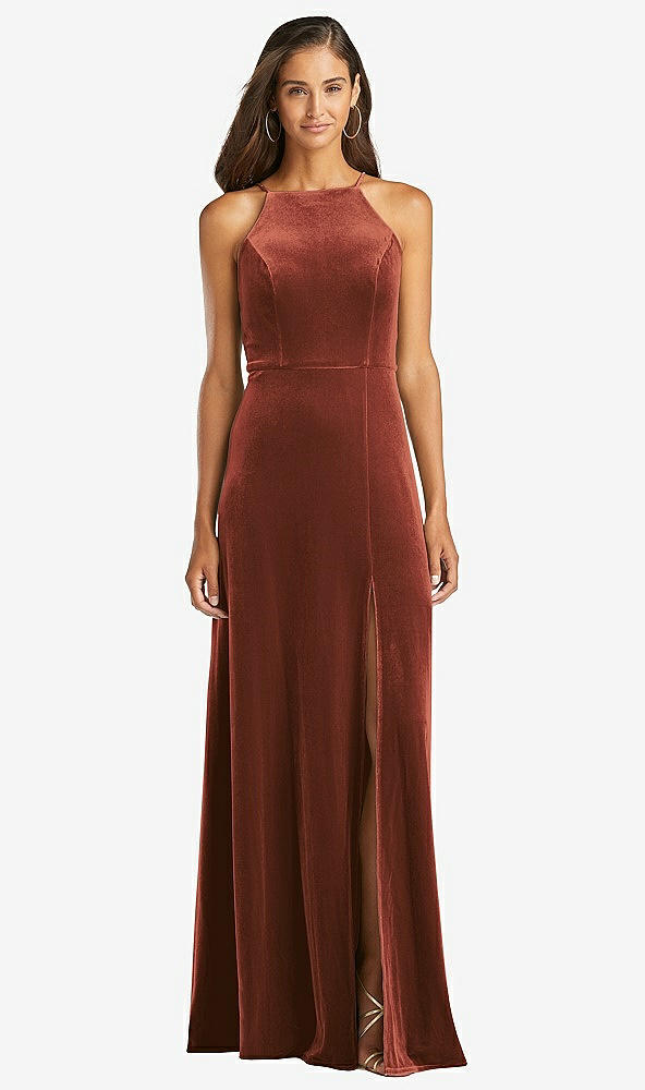 Front View - Auburn Moon Velvet Halter Maxi Dress with Front Slit - Harper