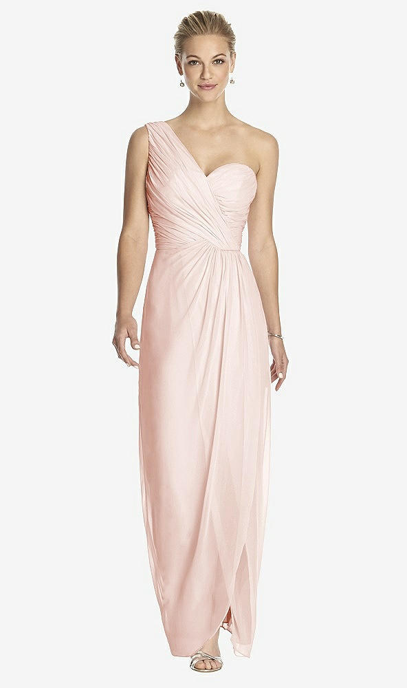 Front View - Blush One-Shoulder Draped Maxi Dress with Front Slit - Aeryn