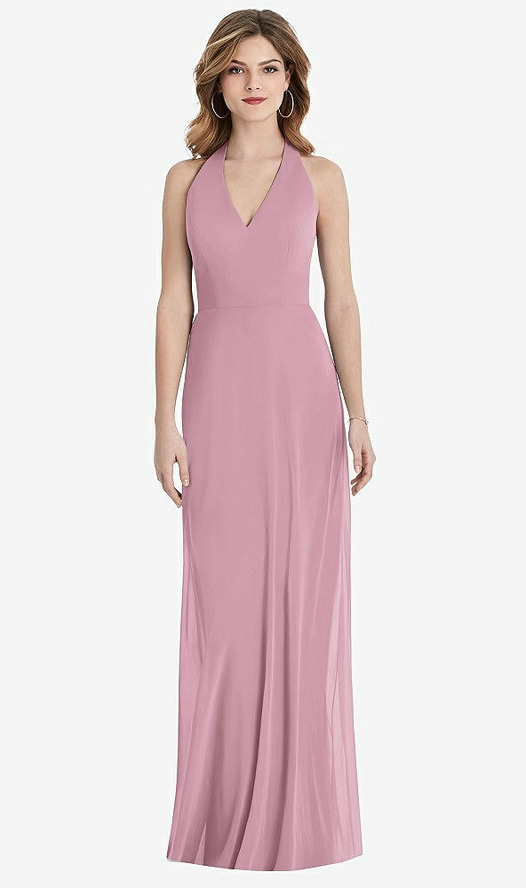 Front View - Dusty Pink V-Neck Halter Chiffon Maxi Dress - Taryn