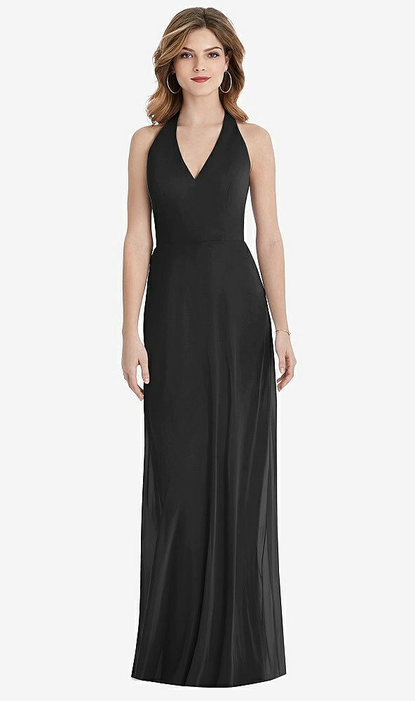 Front View - Black V-Neck Halter Chiffon Maxi Dress - Taryn