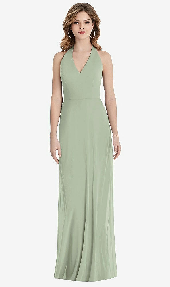Front View - Sage V-Neck Halter Chiffon Maxi Dress - Taryn