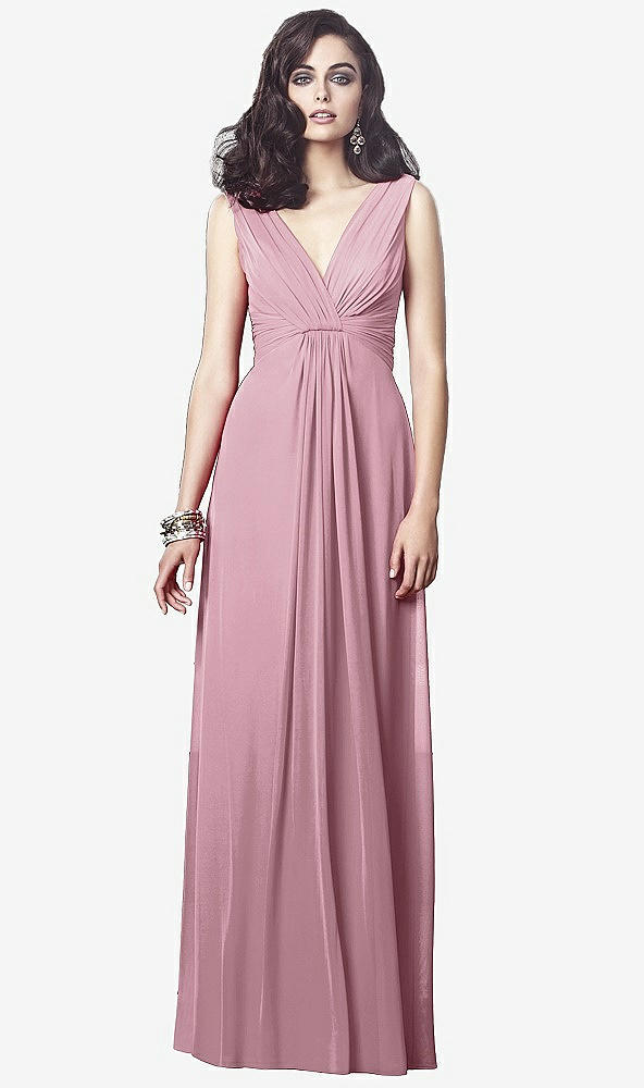 Front View - Dusty Pink Draped V-Neck Shirred Chiffon Maxi Dress - Ari