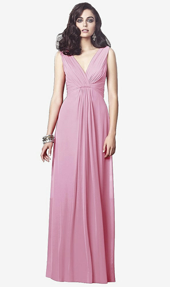 Front View - Powder Pink Draped V-Neck Shirred Chiffon Maxi Dress - Ari