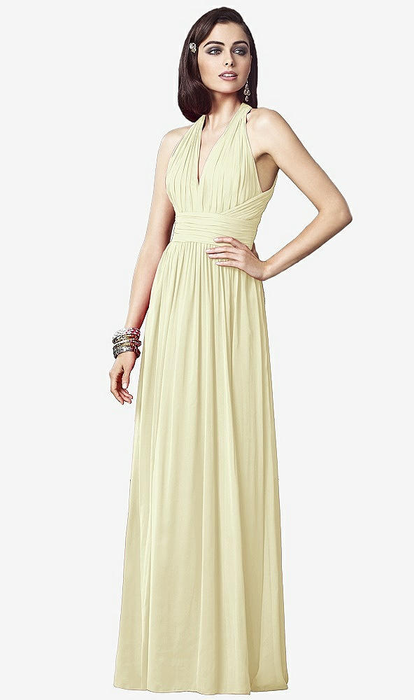 Front View - Butter Yellow Ruched Halter Open-Back Maxi Dress - Jada