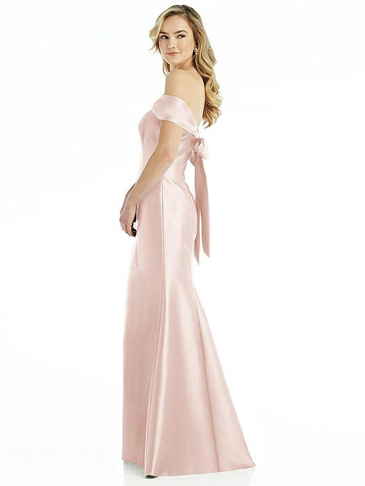 Off-the-Shoulder Bow-Back Satin Trumpet Gown