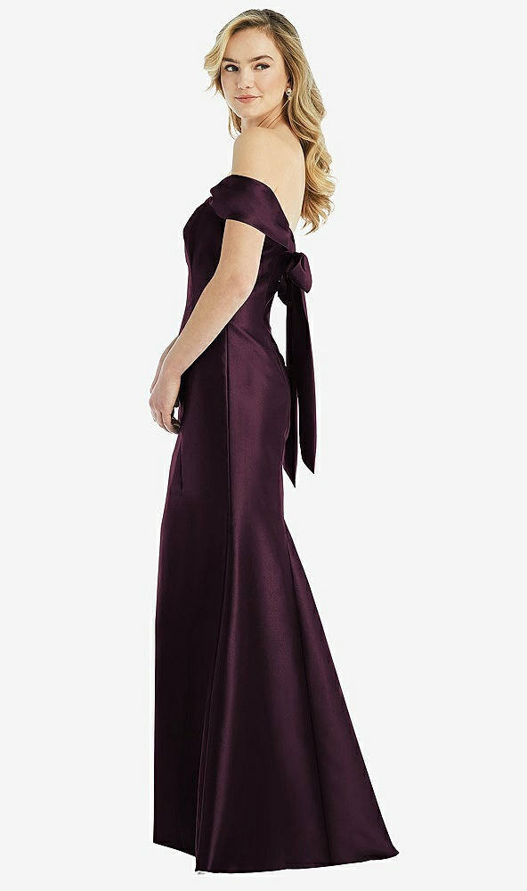 Front View - Deep Plum Off-the-Shoulder Bow-Back Satin Trumpet Gown