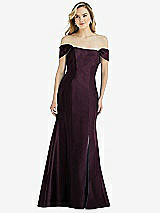 Side View Thumbnail - Deep Plum Off-the-Shoulder Bow-Back Satin Trumpet Gown