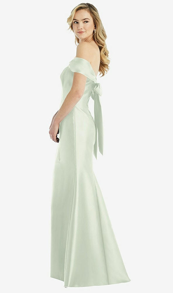 Front View - Mint Green Off-the-Shoulder Bow-Back Satin Trumpet Gown