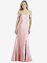 Side View Thumbnail - Ballet Pink Off-the-Shoulder Bow-Back Satin Trumpet Gown