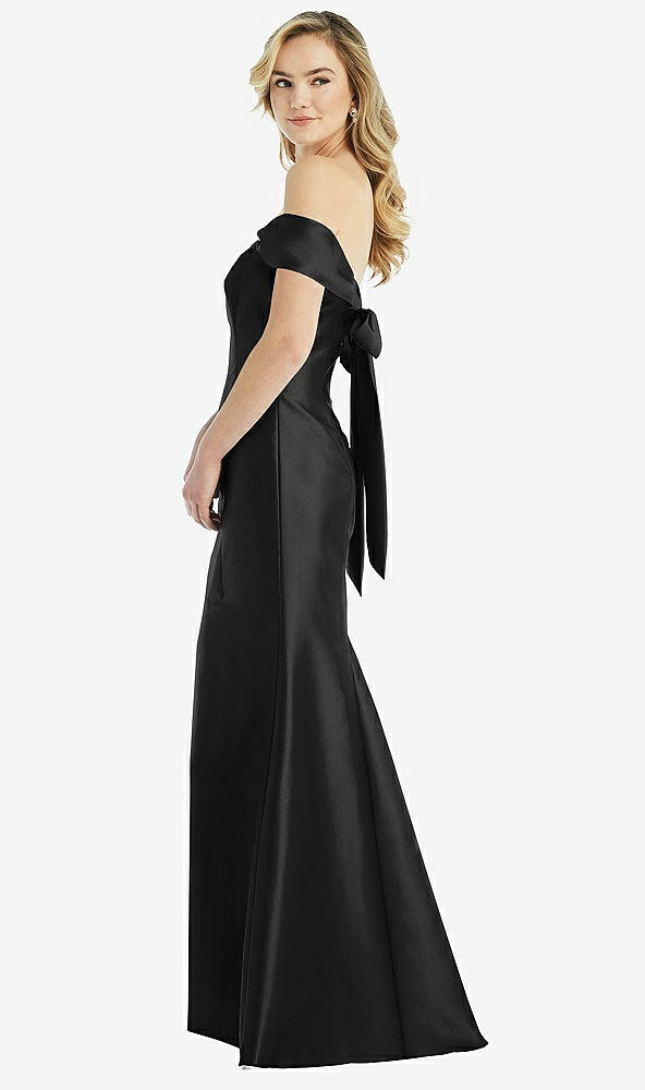 Front View - Black Off-the-Shoulder Bow-Back Satin Trumpet Gown