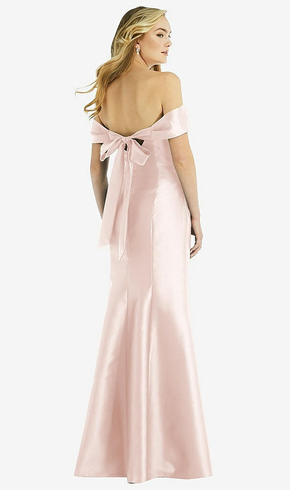 Back View - Blush Off-the-Shoulder Bow-Back Satin Trumpet Gown